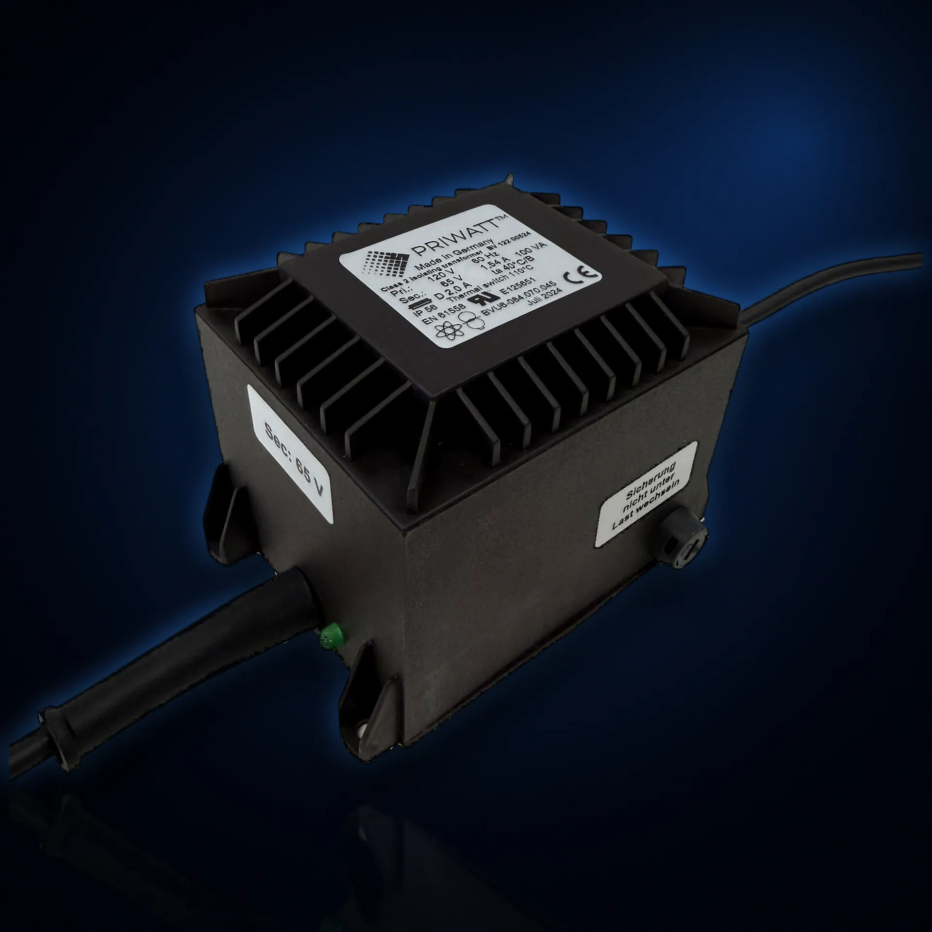 PriWatt isolating transformer in a finned potted housing, rating label on top and output cable at the side
